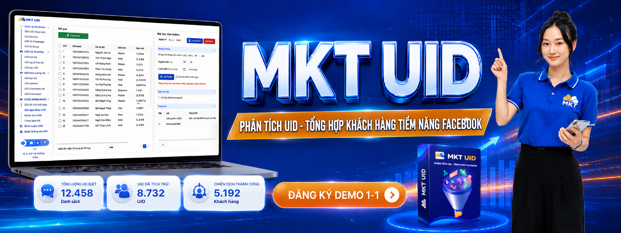 Banner MKT UID: laptop hiển thị giao diện phần mềm với bảng kết quả UID Facebook, bộ lọc tìm kiếm và nút Xuất Excel; dòng chữ lớn MKT UID kèm khẩu hiệu Phân tích UID - Tổng hợp khách hàng tiềm năng Facebook; ba thẻ số liệu minh hoạ trên giao diện demo; hộp sản phẩm MKT UID và nữ nhân viên áo xanh MKT. Nhấn để mở form đăng ký demo 1-1 miễn phí.