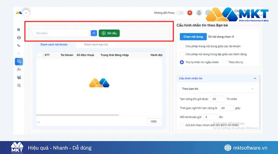 Chọn danh sách tài khoản và bắt đầu gửi tin nhắn