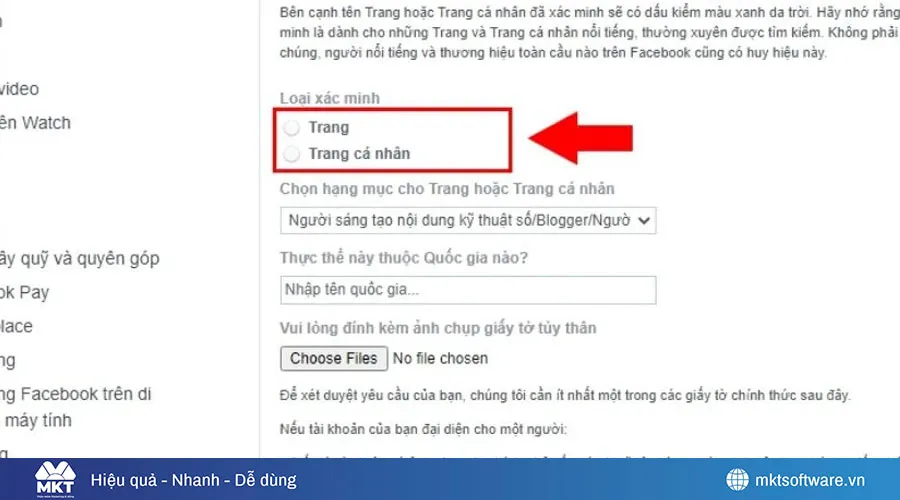 Chọn loại TK đăng ký Icon tích xanh Facebook