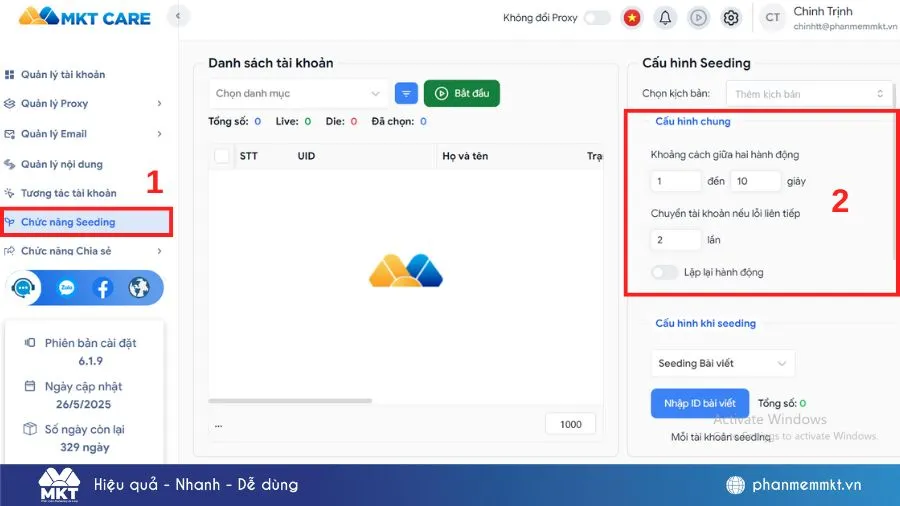 Giao diện cài đặt tăng like của App tăng Like Facebook MKT Care