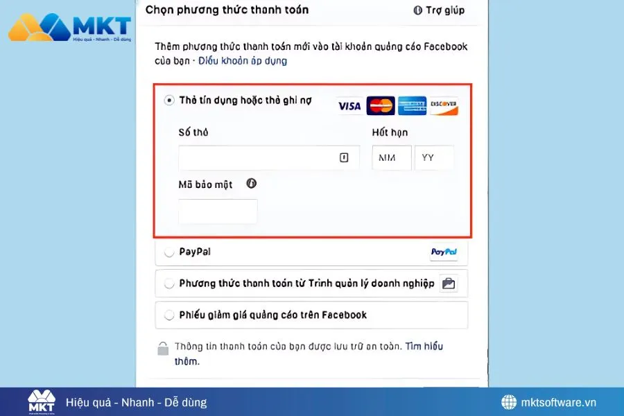 Điền thông tin thẻ thanh toán cho chính dịch quảng cáo Facebook chính xác