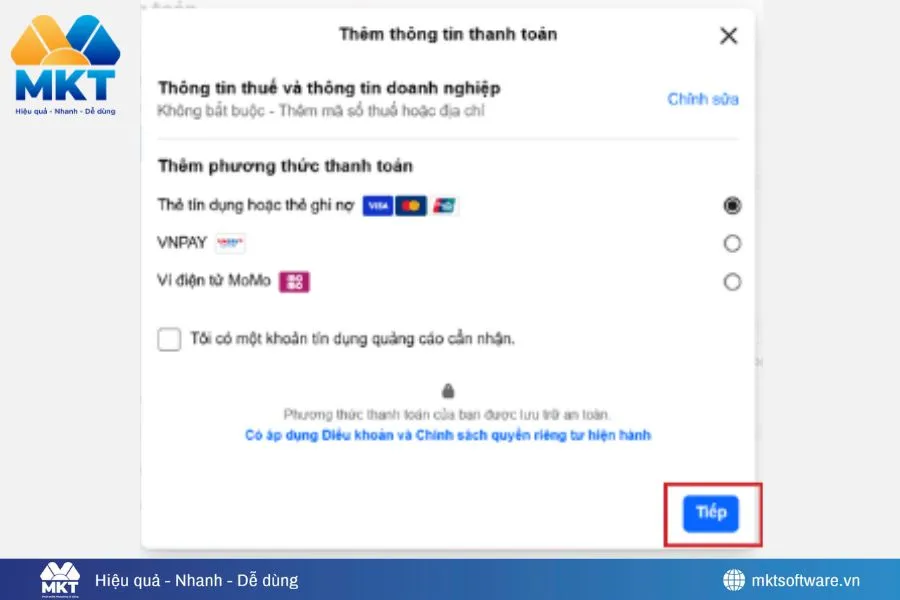 Lập thông tin về hình thức thanh toán