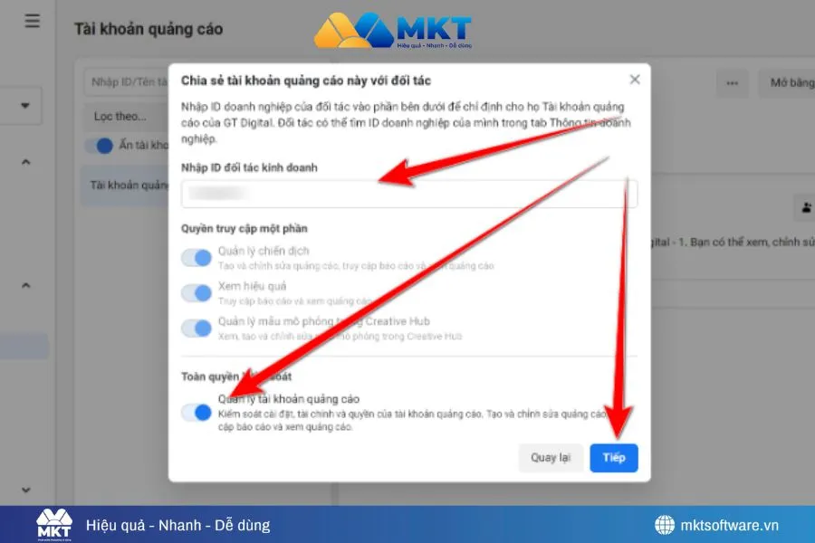 Nhập ID BM đối tác và nhấp Tiếp để hoàn tất