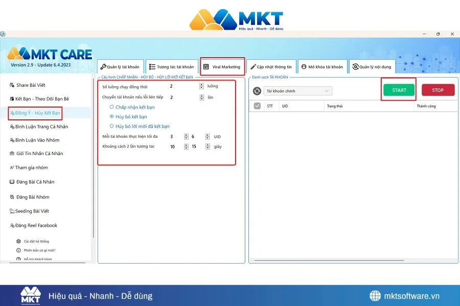 Minh họa về quy trình lọc bạn bè không tương tác Facebook trên phần mềm MKT Care