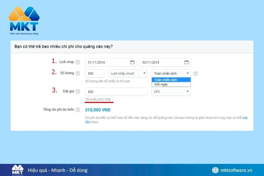 Thiết lập chi phí và thời gian chạy