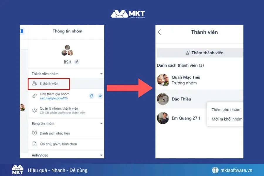 Minh họa về 3 bước xóa thành viên trong nhóm Zalo trên máy tính