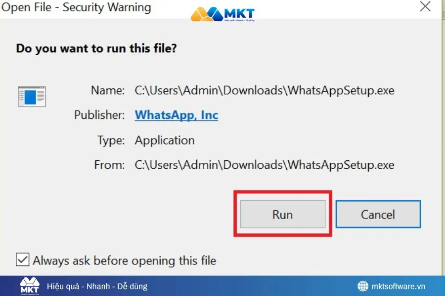 Chọn Run để bắt đầu cài đặt