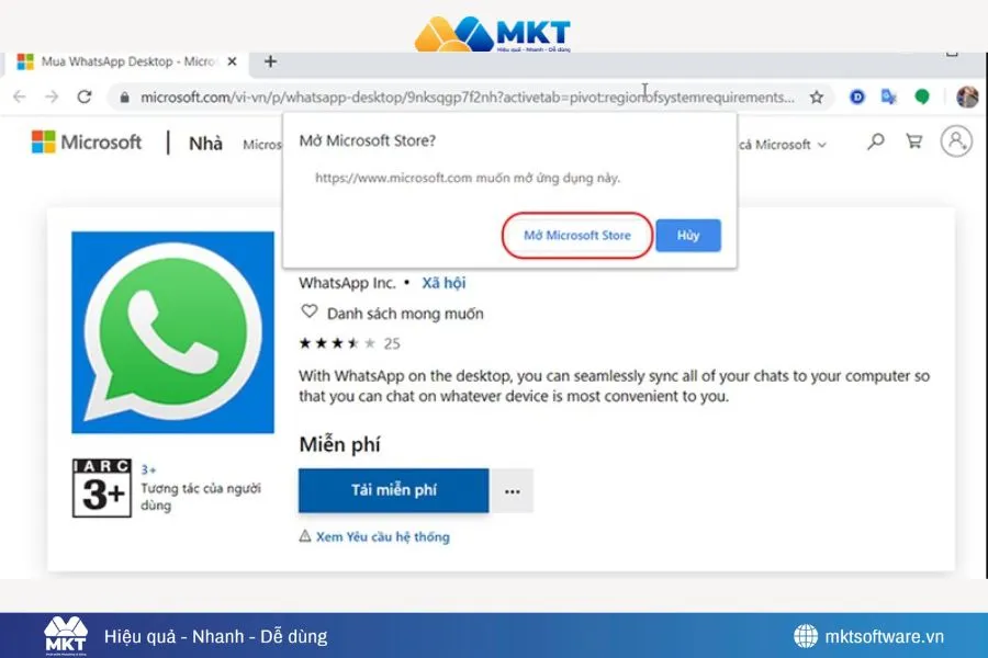 Đồng ý mở Microsoft Store sau khi đã chọn Tải miễn phí