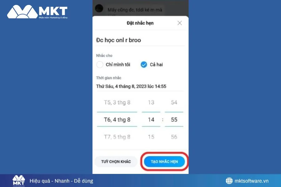 Chọn tạo nhắc hẹn để hoàn thành lịch hẹn