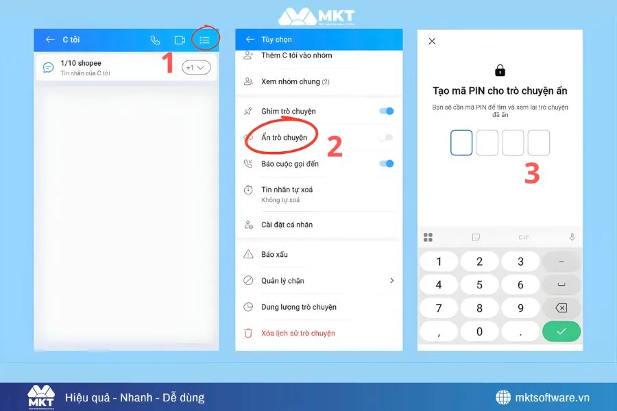 Minh họa về thao tác 4 bước cài mật khẩu Zalo cho từng cuộc trò chuyện