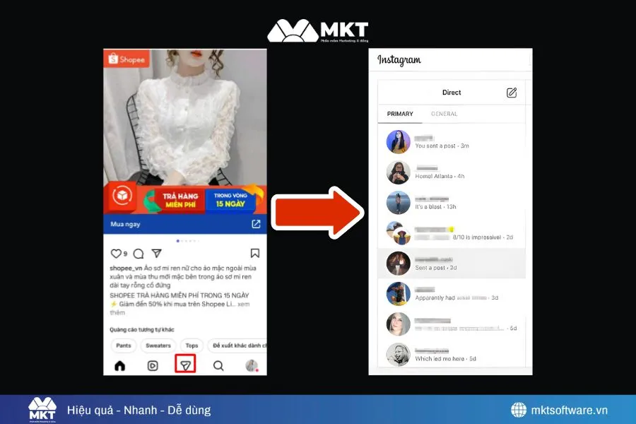 Minh họa về 3 bước xem tin nhắn trên Instagram