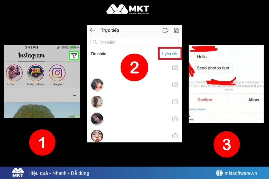 Minh họa về 3 bước xem tin nhắn chờ trên IG