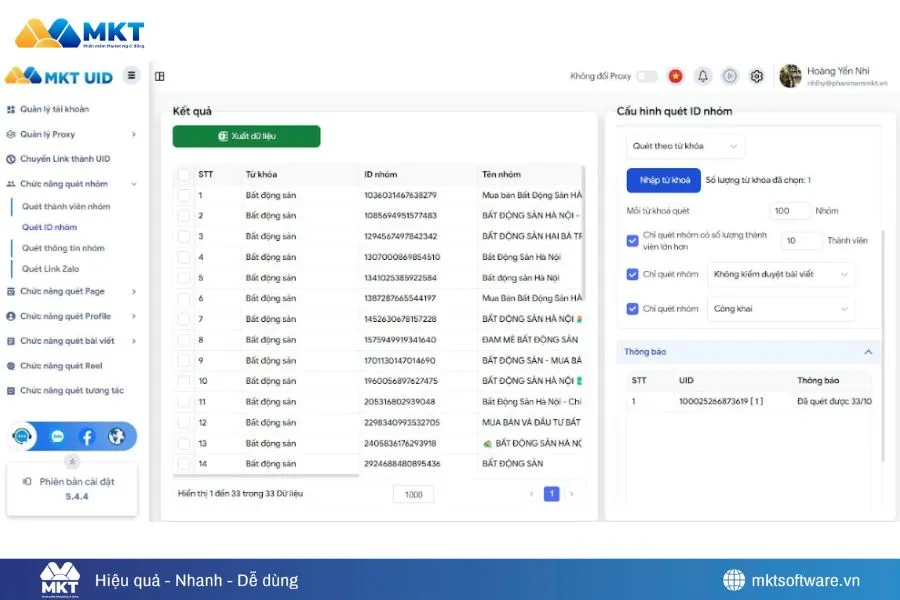 Ứng dụng phần mềm MKT UID quét người quan tâm cùng nội dung