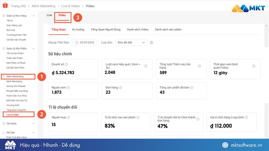 Theo dõi chỉ số hiệu quả Shopee Video