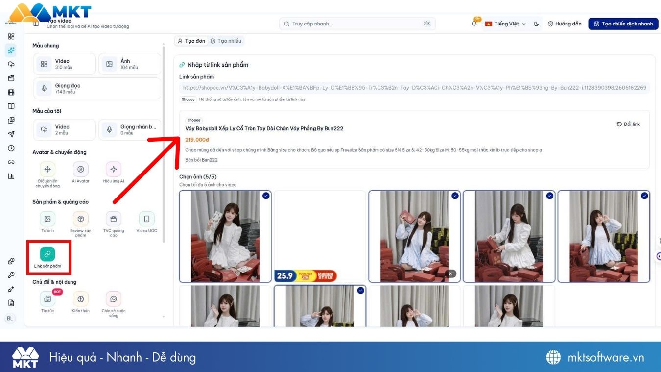 Nhập link Shopee vào Xây kênh AI và chọn hình ảnh, mô tả phù hợp