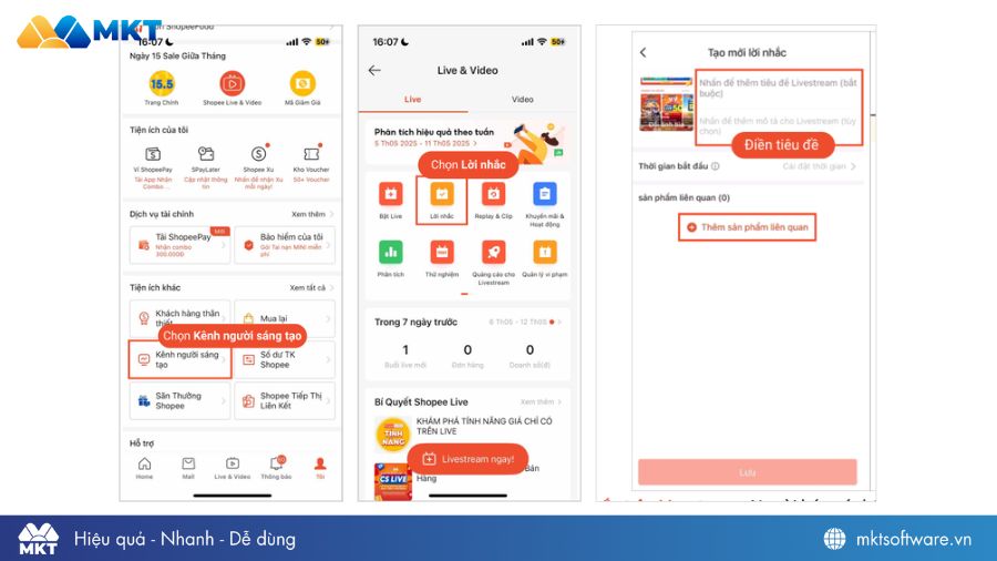 Cách tạo lời nhắc Livestream tới khách hàng trên Shopee