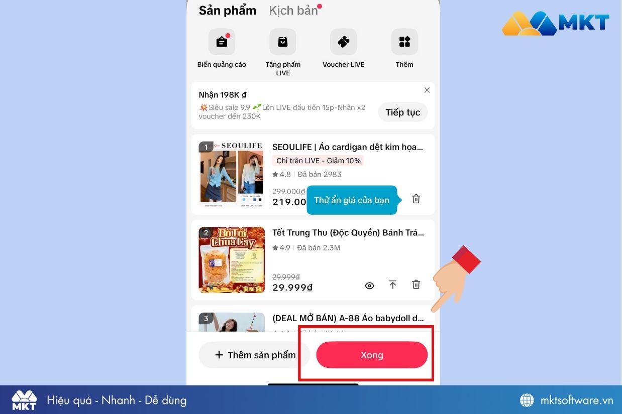 Xác nhận sản phẩm và livestream để bán hàng