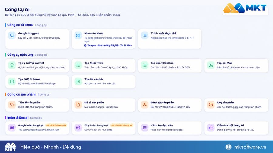 Bộ công cụ AI hỗ trợ SEO & Content được tích hợp trên MKT SEO Bộ công cụ AI hỗ trợ SEO & Content được tích hợp trên MKT SEO
