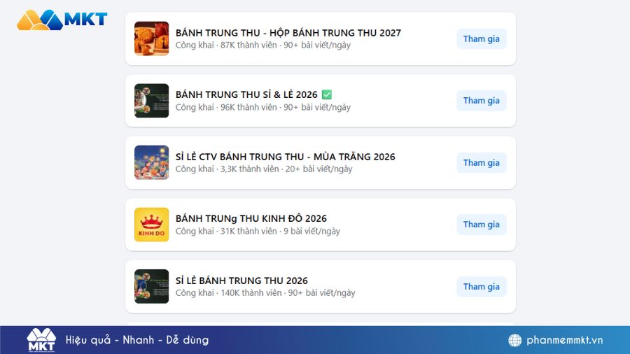 Tìm kiếm hội nhóm để đăng bài bán bánh Trung thu