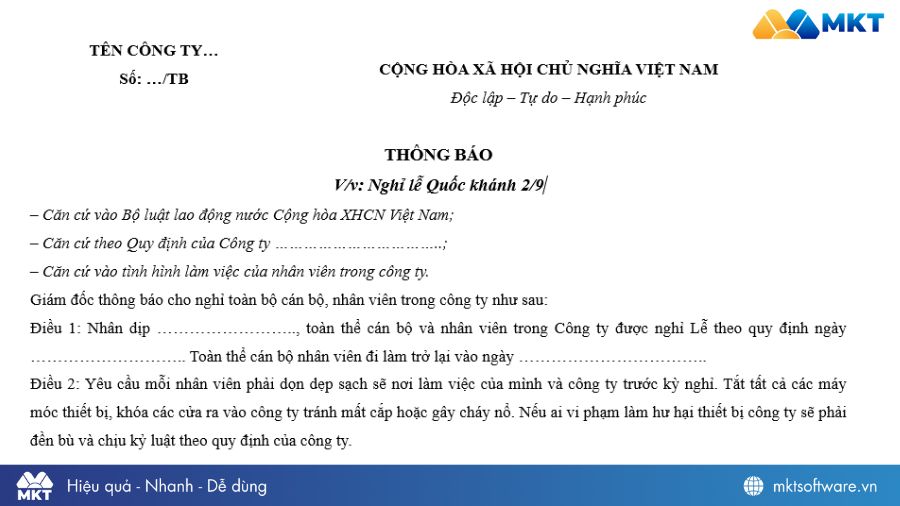 Mẫu thông báo nghỉ lễ 2/9 cho nhân viên công ty 