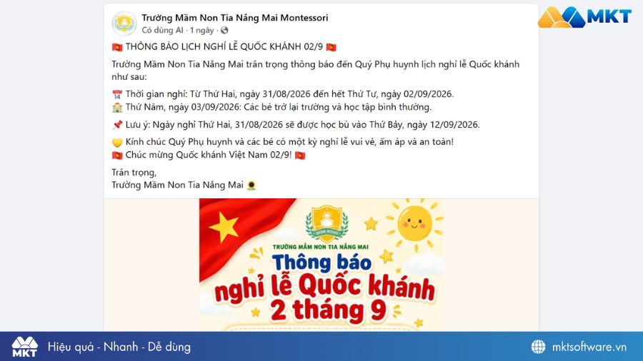 Mẫu thông báo nghỉ lễ 2/9 cho trường mầm non