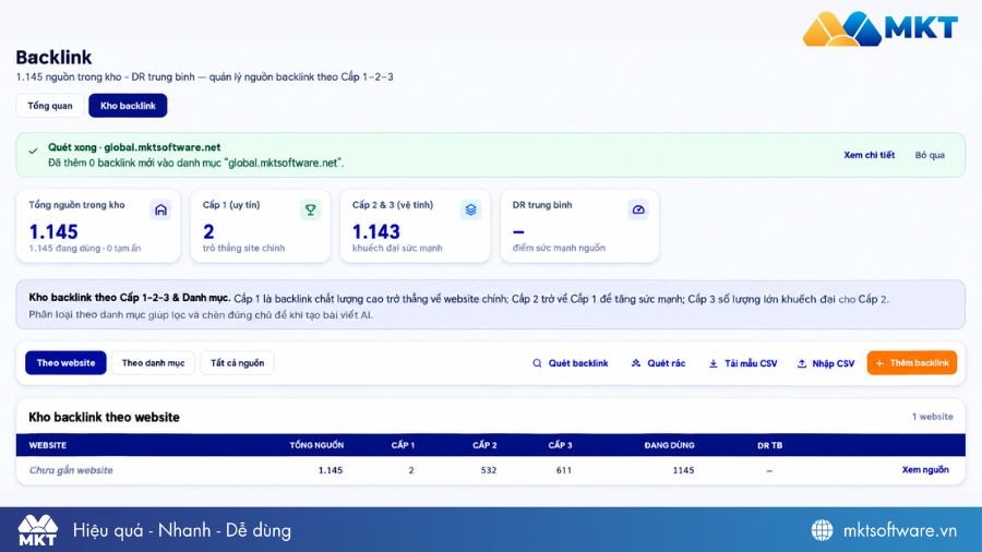 Giao diện nghiên cứu backlink trên VI SEO