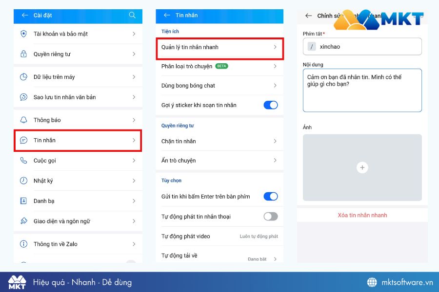 Tạo tin nhắn nhanh Zalo tại mục cài đặt tin nhắn