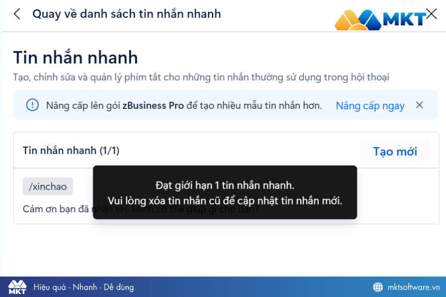 Lỗi đã tạo tối đa 1 tin nhắn nhanh Zalo