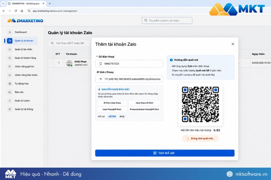Thêm tài khoản Zalo trên ZMarketing