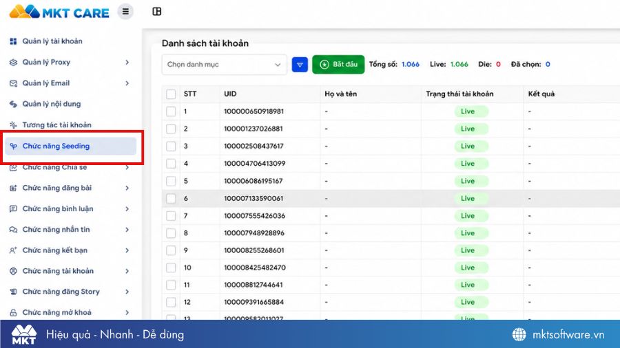 Chọn chức năng seeding Facebook trên MKT Care