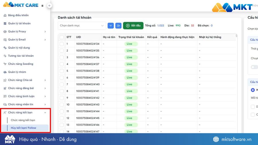 Chọn chức năng hủy kết bạn Facebook của MKT Care