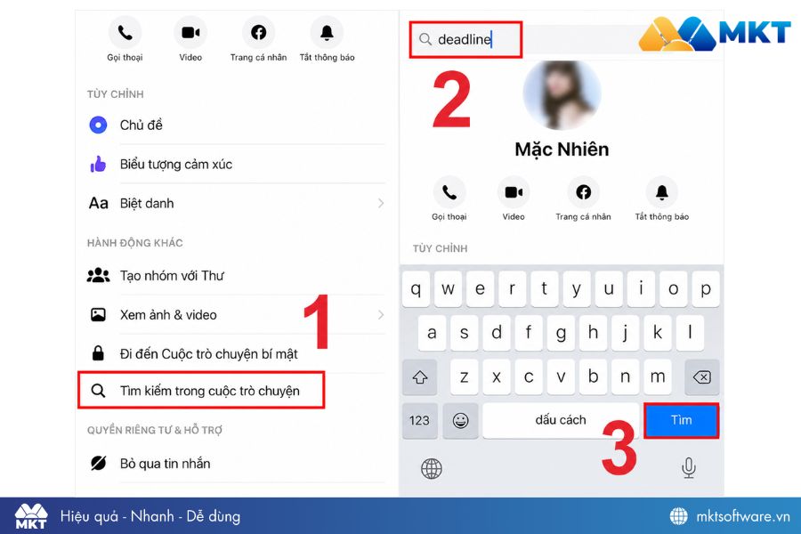 Chọn tìm kiếm và nhập từ khóa để xem lại inbox Facebook