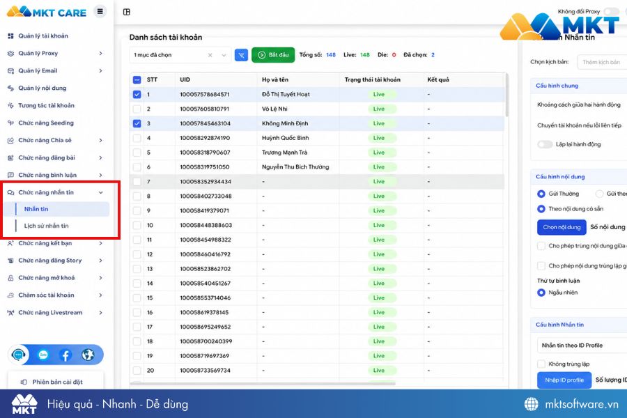 Cách xem lại inbox Facebook trên MKT Care qua tính năng lưu trữ tin nhắn