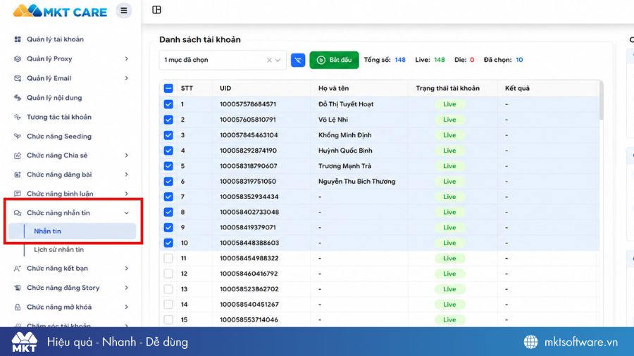 Mở MKT Care và chọn chức năng nhắn tin Facebook