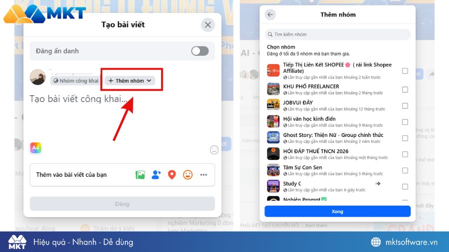 Chọn Thêm nhóm để đăng bài nhiều nhóm 1 lúc trên Facebook