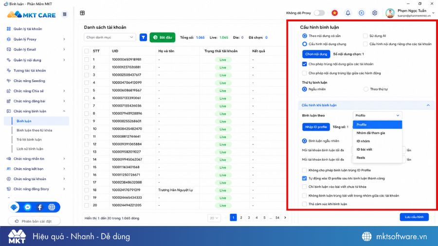 Thiết lập cấu hình seeding comment Facebook tự động