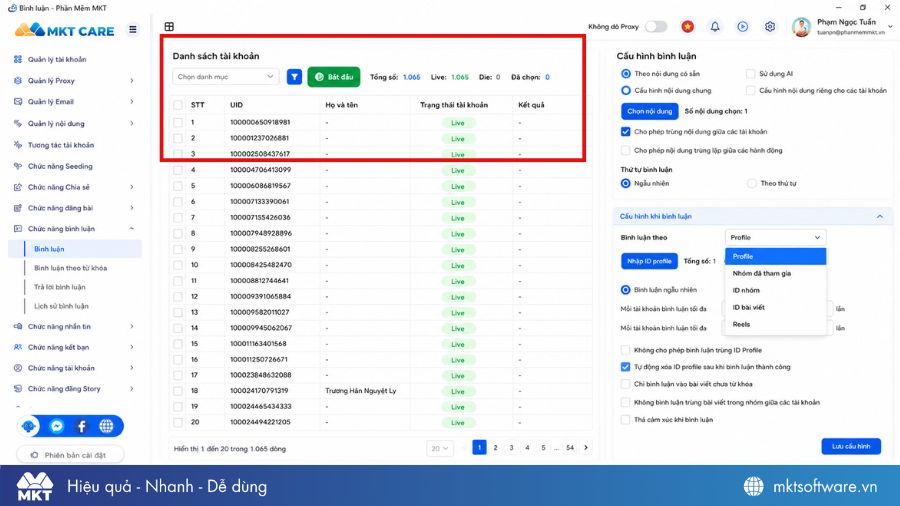 Chọn tài khoản để MKT Care tự động seeding comment Facebook theo kịch bản
