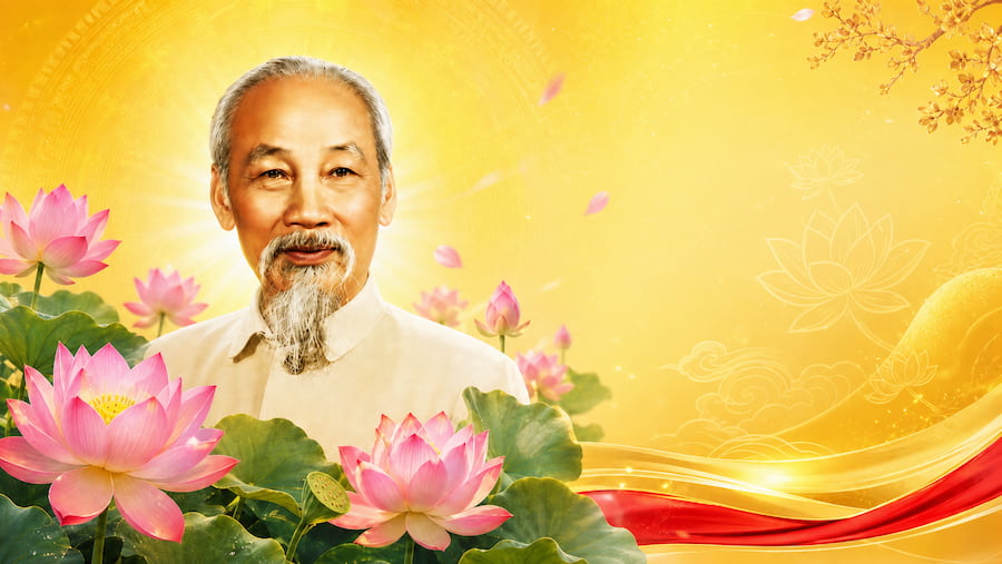 Hình ảnh Bác Hồ với hoa sen làm banner