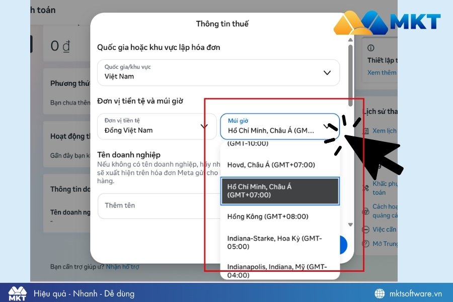 Chọn múi giờ chạy quảng cáo Facebook mới và nhấn lưu