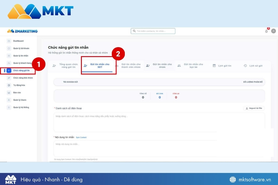 Chọn chức năng gửi tin Zalo trên ZMarketing