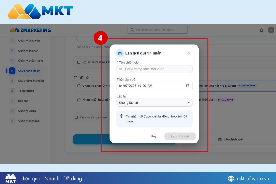 Cài đặt thời gian hẹn gửi tin nhắn Zalo và nhấn lưu