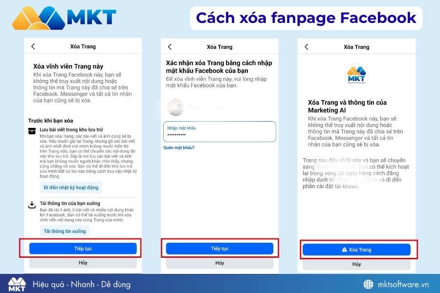Nhập mật khẩu và xác nhận xóa trang Facebook