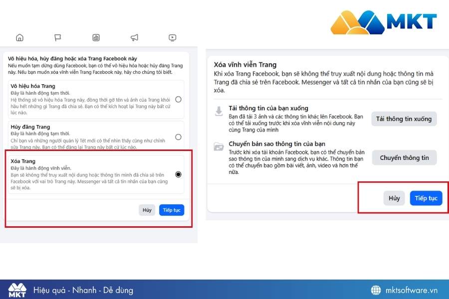 Chọn xóa trang Facebook vĩnh viễn