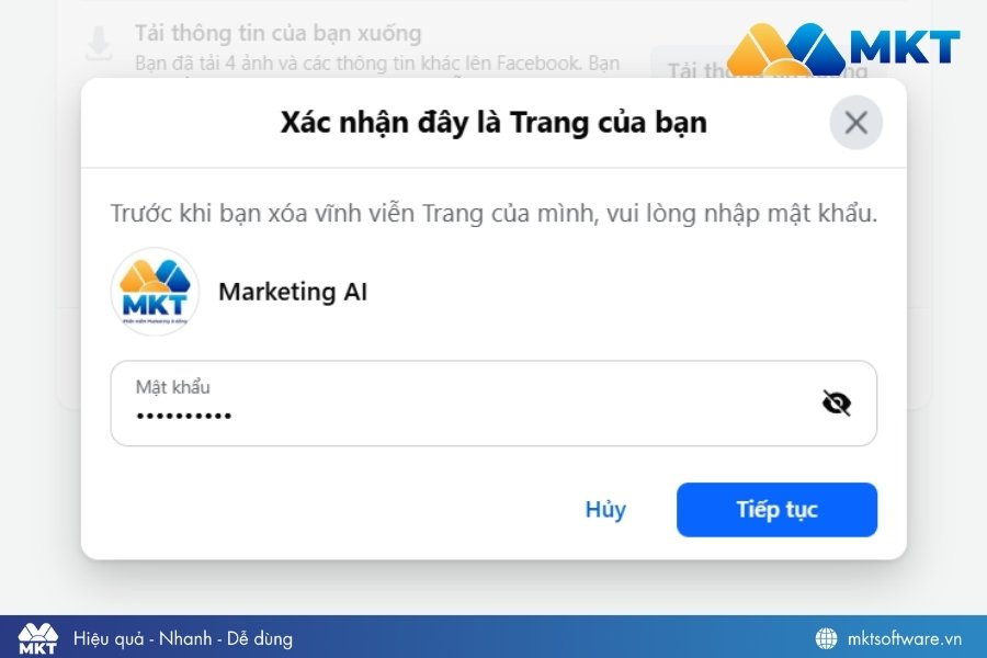 Nhập mật khẩu để xóa fanpage Facebook