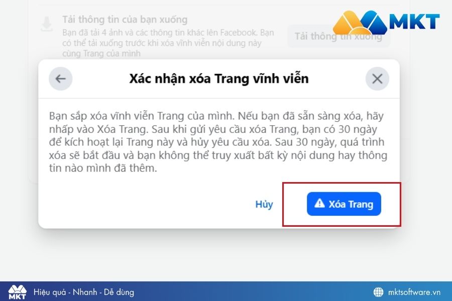 Xác nhận xóa trang Facebook vĩnh viễn