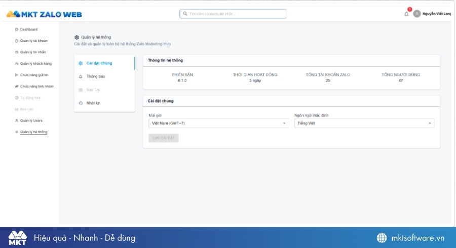 Giao diện chức năng Quản lý hệ thống