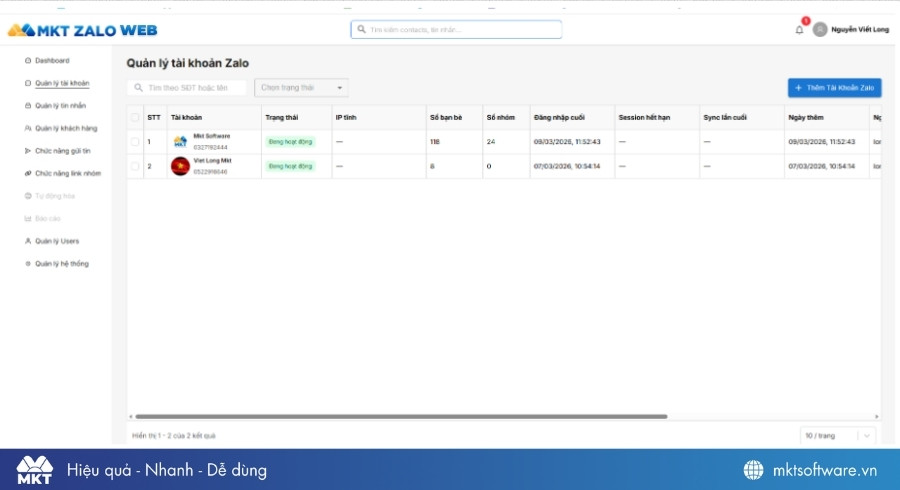 Giao diện tính năng Quản lý tài khoản Zalo