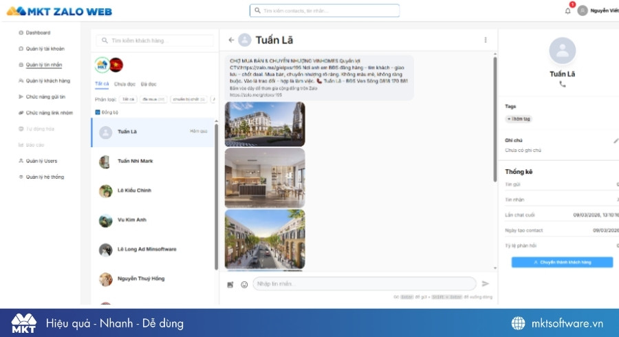 Giao diện tính năng Quản lý tin nhắn Zalo tập trung