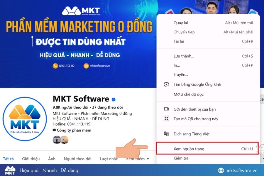 Vào fanpage và chọn xem nguồn trang