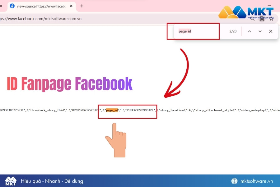 Nhấn Ctrl + F và gõ page_id để check ID page Facebook